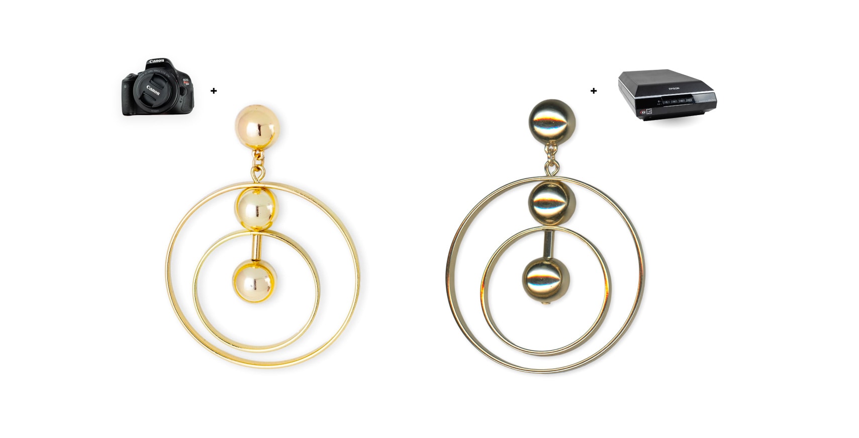 Example of a highly reflective earring that doesn't look good after being scanned, and how it looks taken with a DSLR