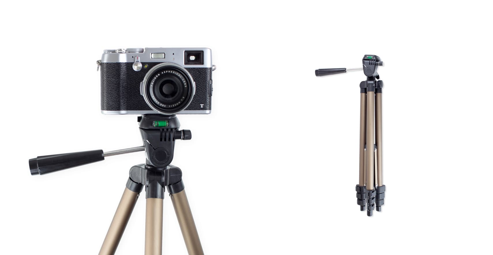 A cheap tripod with a camera